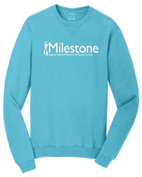 Blue sweatshirt with Milestone logo.