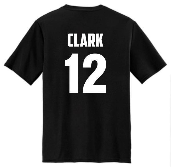 Hoops For Christ Basketball words Moisture wick Tshirt PC380 with white text "clark" and the number "12" on the back.