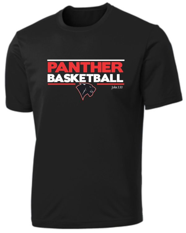 Heart For Christ Basketball Moisture wick Tshirt PC380 with "panther basketball" text and a panther head logo in red and white.