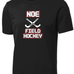 Black t-shirt with field hockey design.