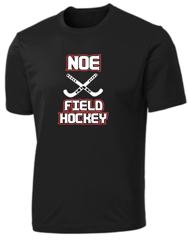 Black t-shirt with field hockey design.