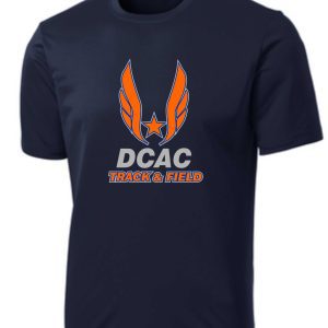 Derby City DCAC PC380 Navy t-shirt with "dcac track & field" logo featuring red star and orange wings on the chest.