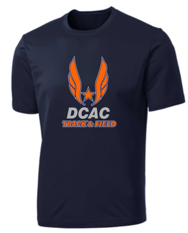 Derby City DCAC PC380 Navy t-shirt with "dcac track & field" logo featuring red star and orange wings on the chest.