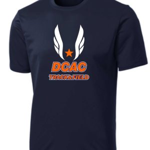 Derby City AC PC380 Navy t-shirt with "dcac track & field" logo featuring white wings and an orange star.