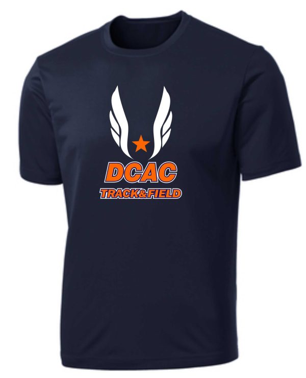 Derby City AC PC380 Navy t-shirt with "dcac track & field" logo featuring white wings and an orange star.