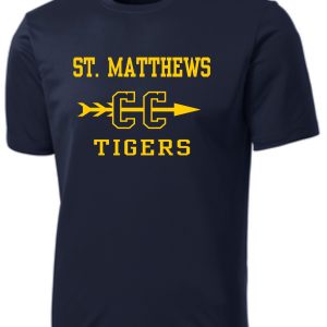 Navy blue St Matthews Elementary Cross Country wicking t-shirt with "st. matthews cc tigers" in yellow text, featuring two opposing arrows and the letters "cc" in the center.