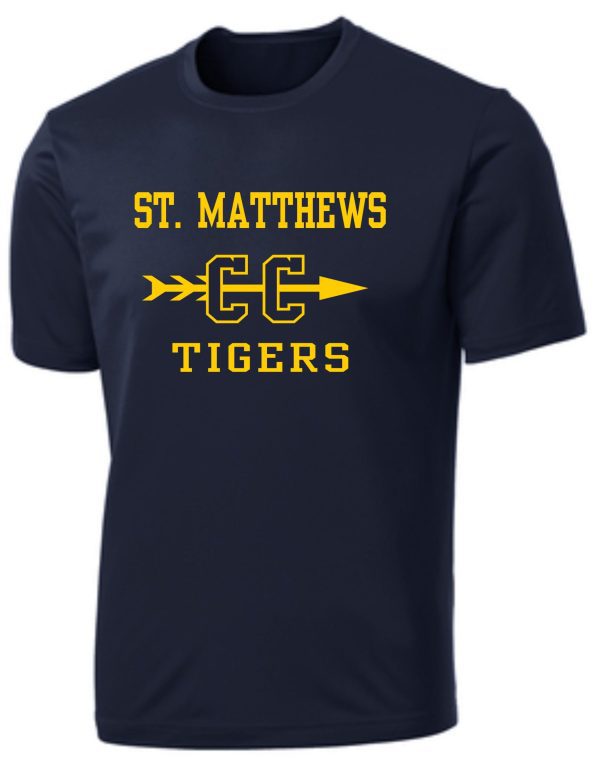 Navy blue St Matthews Elementary Cross Country wicking t-shirt with "st. matthews cc tigers" in yellow text, featuring two opposing arrows and the letters "cc" in the center.