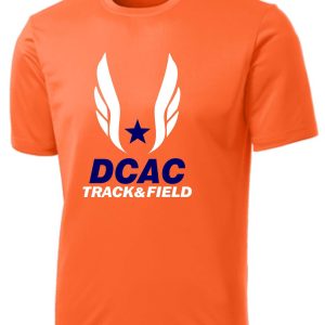 Derby City DCAC PC380 Orange t-shirt with "dcac track & field" logo featuring a blue star and white wings.