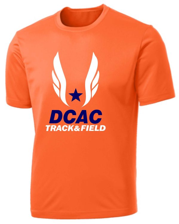 Derby City DCAC PC380 Orange t-shirt with "dcac track & field" logo featuring a blue star and white wings.