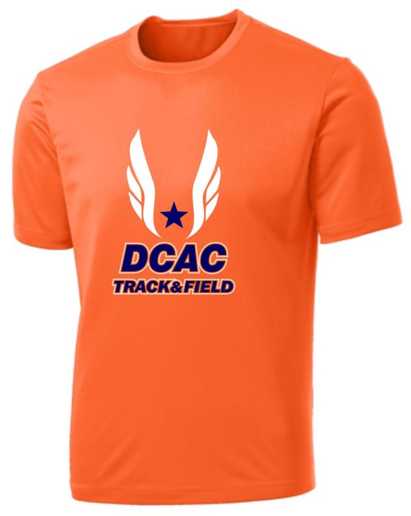 Orange t-shirt with DCAC track and field logo.