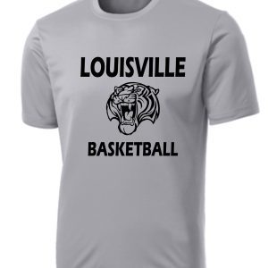 Gray Louisville Tigers Basketball Silver Moisture wick Tshirt PC380 with a fierce tiger face graphic in black and white.