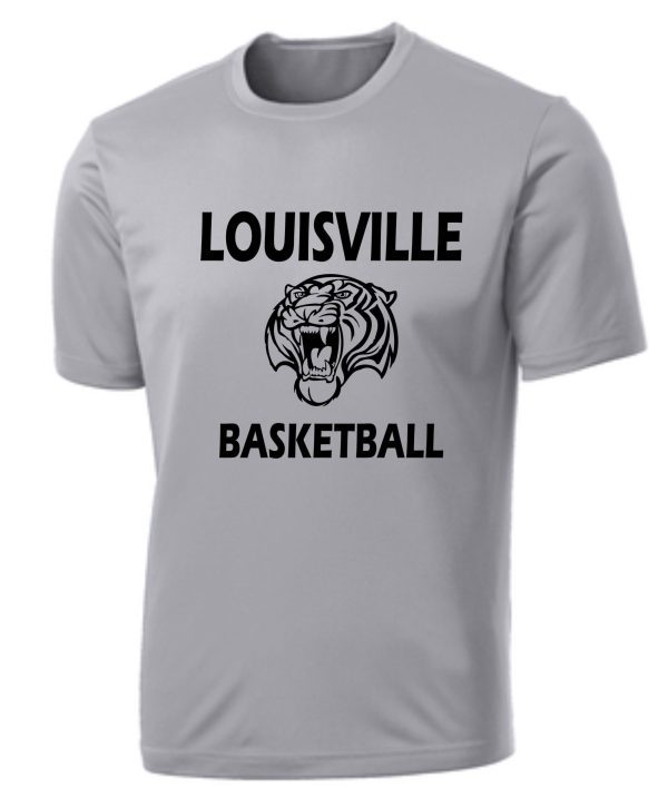 Gray Louisville Tigers Basketball Silver Moisture wick Tshirt PC380 with a fierce tiger face graphic in black and white.