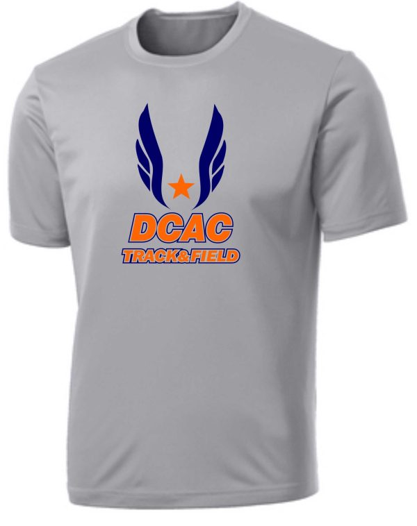 Derby City DCAC PC380 Silver t-shirt with the "dcac track & field" logo, featuring blue wings and an orange star on the front.