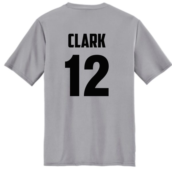 Hoops For Christ Basketball Bulls Moisture wick Tshirt PC380 with the name "clark" and the number "12" printed in black on the back.