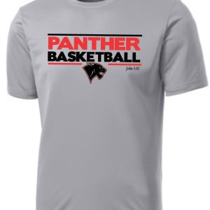 Heart For Christ Basketball Moisture wick Tshirt PC380 featuring the logo "panther basketball" with a panther graphic and the text "john 3:30" below it.