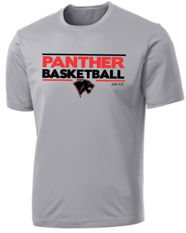 Heart For Christ Basketball Moisture wick Tshirt PC380 featuring the logo "panther basketball" with a panther graphic and the text "john 3:30" below it.