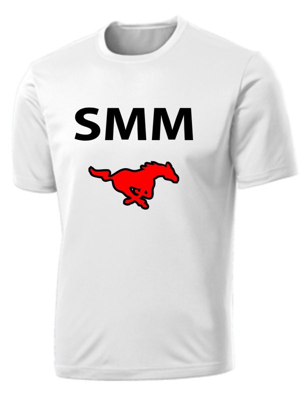 White St Margaret Mary SMM Moisture wick t-shirt with the letters "smm" in black and a red charging bull logo below it.