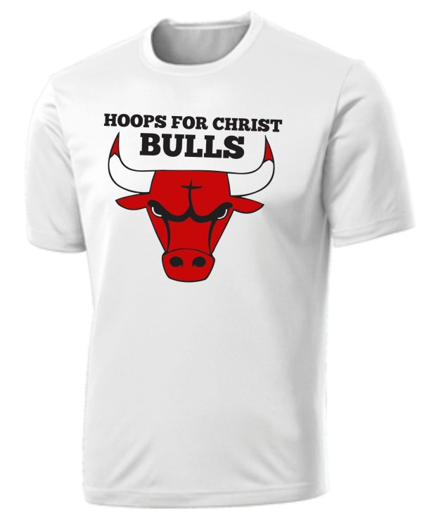 White Hoops For Christ Basketball Bulls Moisture wick T-shirt featuring a red chicago bulls logo and the phrase "hoops for christ" above it.