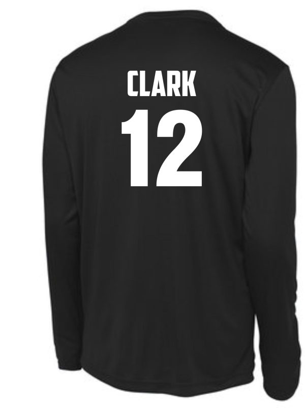 Bucks Basketball Long sleeve T-shirt 50/50 blend G2400 with the name "clark" and the number 12 printed in white on the back.