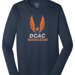 Derby City DCAC long sleeve navy PC380LS with "dcac track & field" logo featuring orange wings and a star on the front.