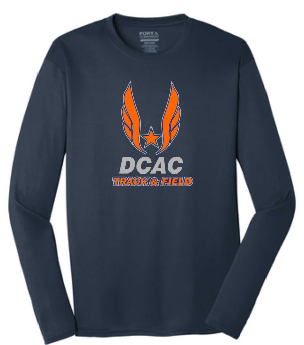 Derby City DCAC long sleeve navy PC380LS with "dcac track & field" logo featuring orange wings and a star on the front.