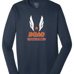 Derby City AC long sleeve navy PC380LS shirt with "dcac track&field" logo featuring white wings and an orange star on the front.