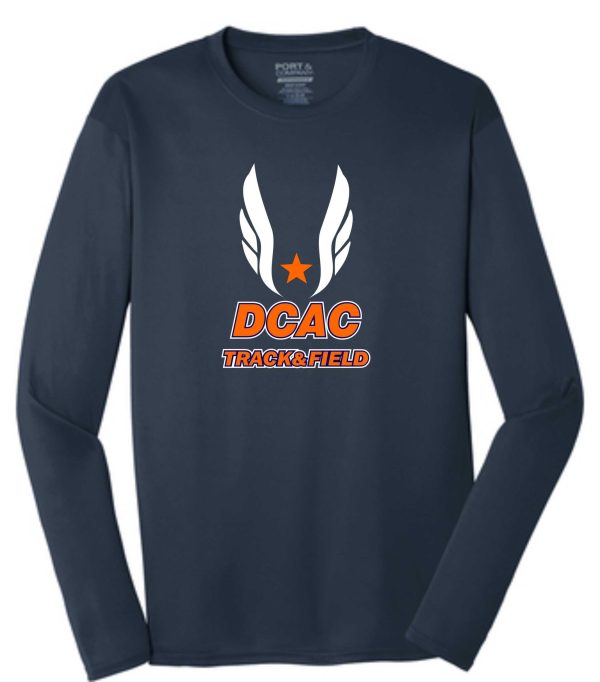 Derby City AC long sleeve navy PC380LS shirt with "dcac track&field" logo featuring white wings and an orange star on the front.