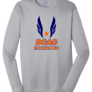 Gray long-sleeve Derby City DCAC t-shirt with "dcac track & field" logo featuring blue wings and an orange star on the chest.