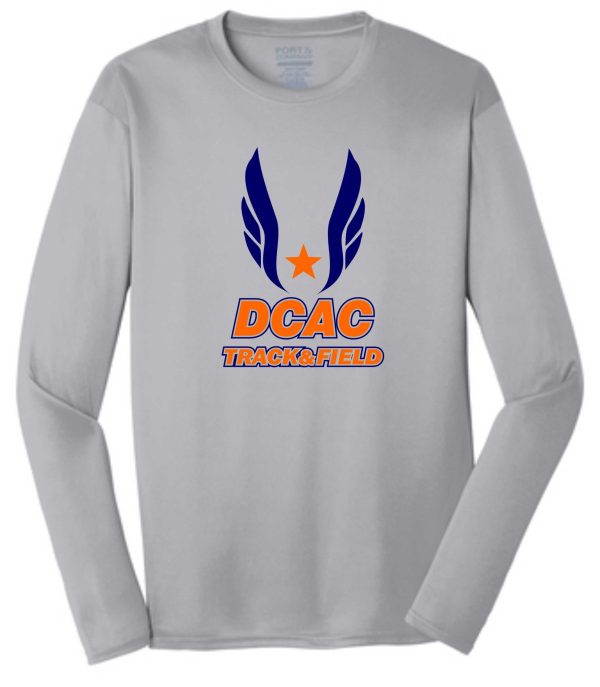 Gray long-sleeve Derby City DCAC t-shirt with "dcac track & field" logo featuring blue wings and an orange star on the chest.