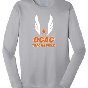 Long-sleeve Derby City AC Silver PC380LS t-shirt with an orange and white "dcac track & field" logo featuring a star and wings on the chest.