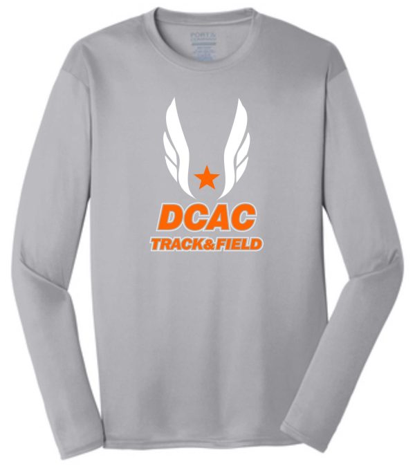 Long-sleeve Derby City AC Silver PC380LS t-shirt with an orange and white "dcac track & field" logo featuring a star and wings on the chest.