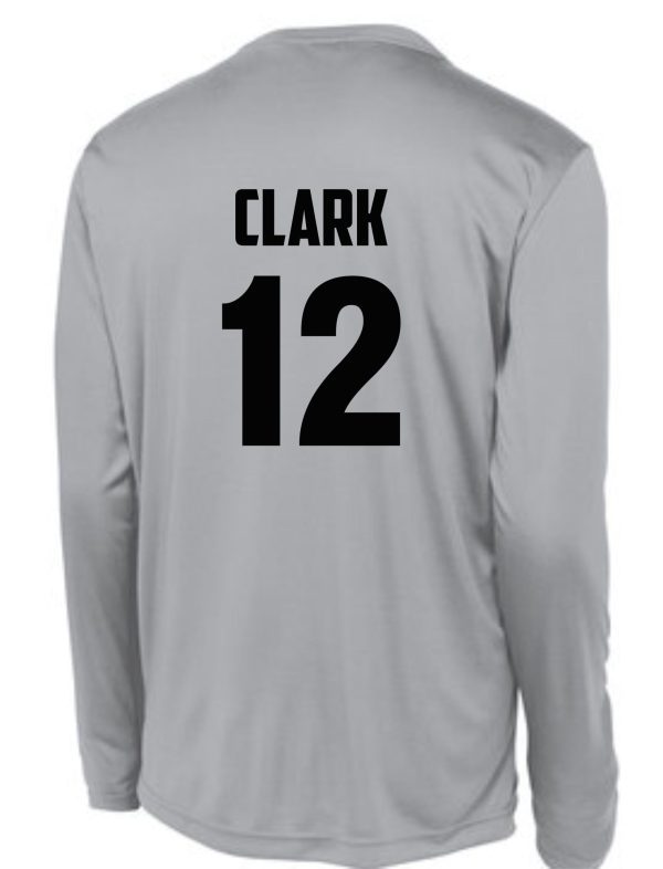 A Hoops For Christ Basketball Bulls long-sleeve sports jersey with the name "clark" and the number "12" printed in black on the back.