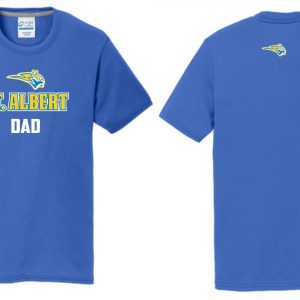 Blue St. Albert Dad t-shirt with logo.