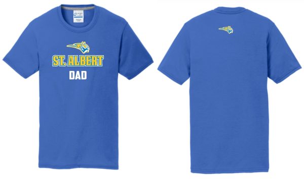 Blue St. Albert Dad t-shirt with logo.