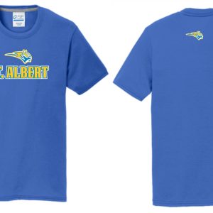 St. Albert blue t-shirt with logo.