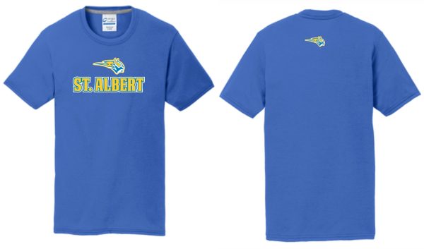 St. Albert blue t-shirt with logo.