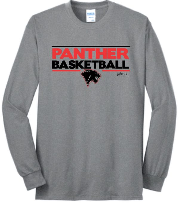 Heart For Christ Basketball long sleeve t-shirt with "panther basketball" text and a panther graphic on the front.