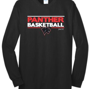 Long-sleeve Heart For Christ Basketball T shirt PC55LS with "panther basketball" in red and white lettering, and a small panther head logo below the text.