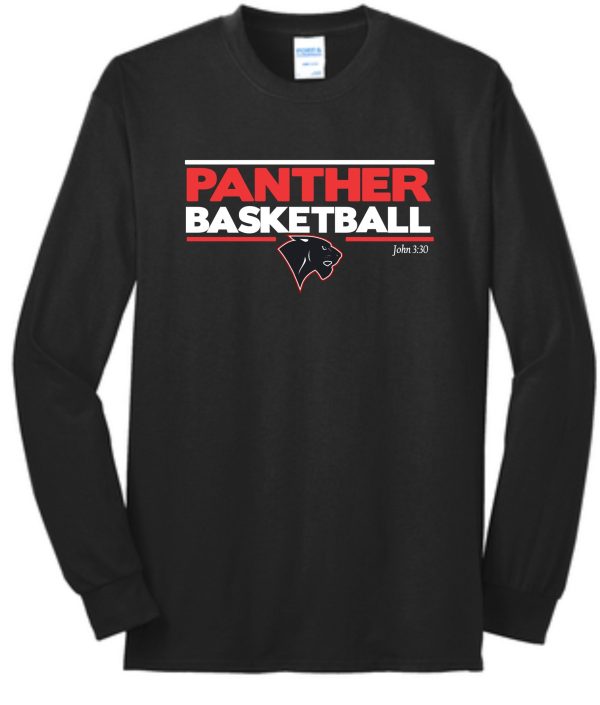 Long-sleeve Heart For Christ Basketball T shirt PC55LS with "panther basketball" in red and white lettering, and a small panther head logo below the text.