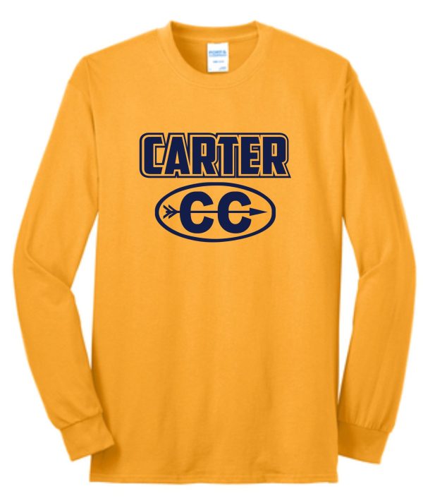 Long-sleeve yellow Carter Cross Country ADULT T-shirt with the name "carter" and the initials "cc" inside a navy blue oval graphic on the front.