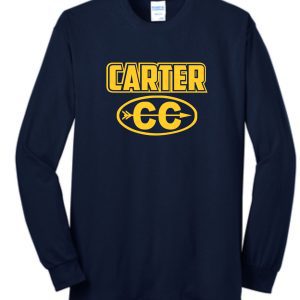 A navy blue long-sleeved Carter Cross Country ADULT T shirt with the word "carter" in yellow block letters and "cc" in a yellow oval below it.