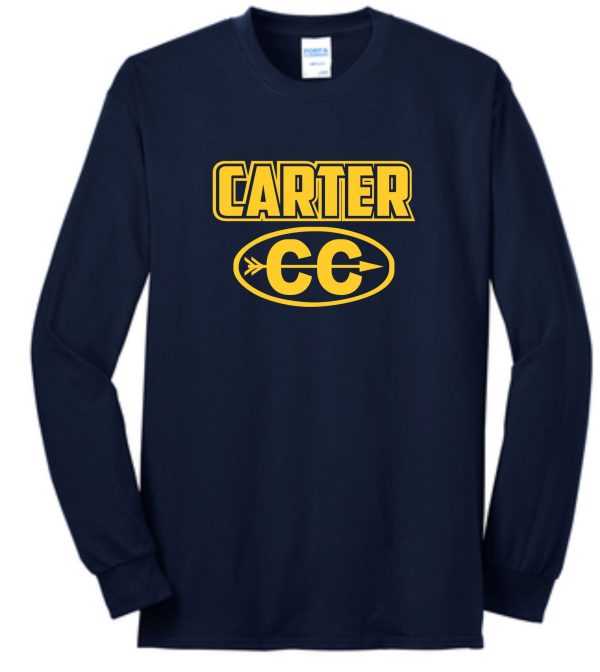 A navy blue long-sleeved Carter Cross Country ADULT T shirt with the word "carter" in yellow block letters and "cc" in a yellow oval below it.