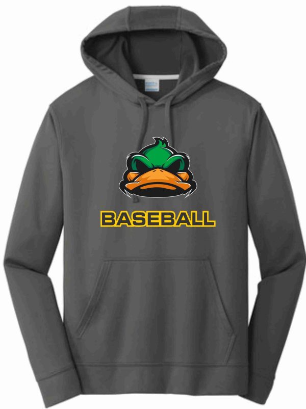 Gray baseball hoodie with duck logo.