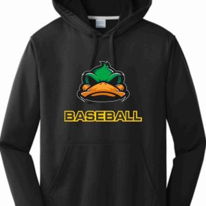 Black baseball hoodie with a duck logo.