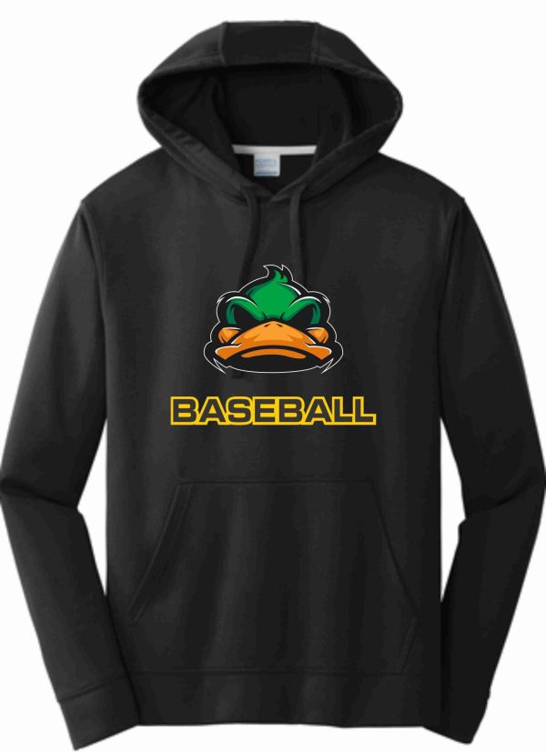 Black baseball hoodie with a duck logo.