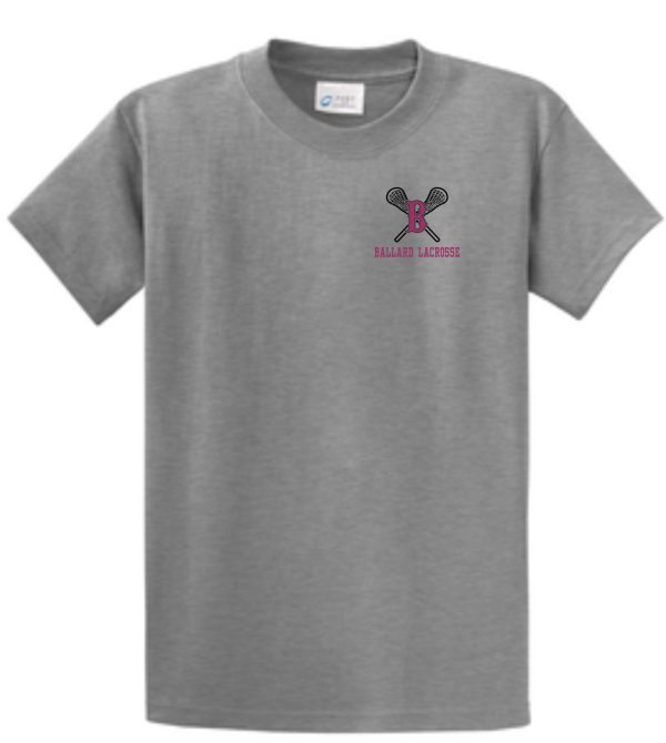 Gray Ballard Lacrosse Essential tshirt PC61 featuring a lacrosse stick and ball on the chest.