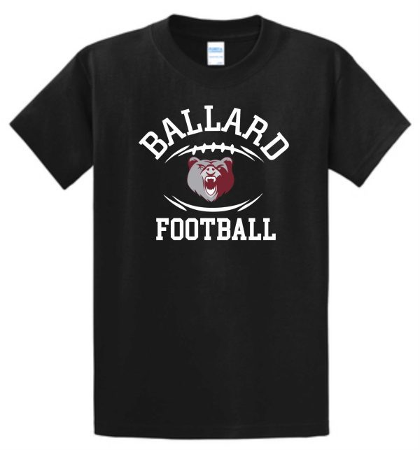 Sentence with product name: Black Ballard Football T-shirt PC61 with "ballard football" text and a graphic of a fierce bear face on the front.