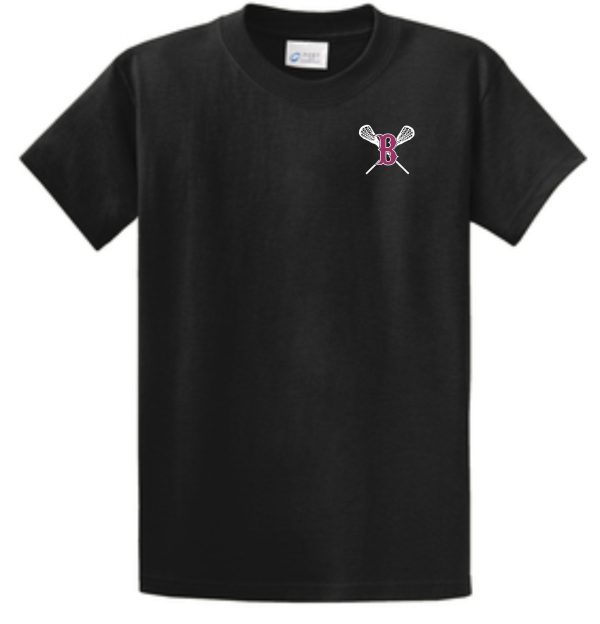 Ballard LAX Essential tshirt PC61 with a small logo featuring the letter 'b' intertwined with pink ribbon on the left chest area.