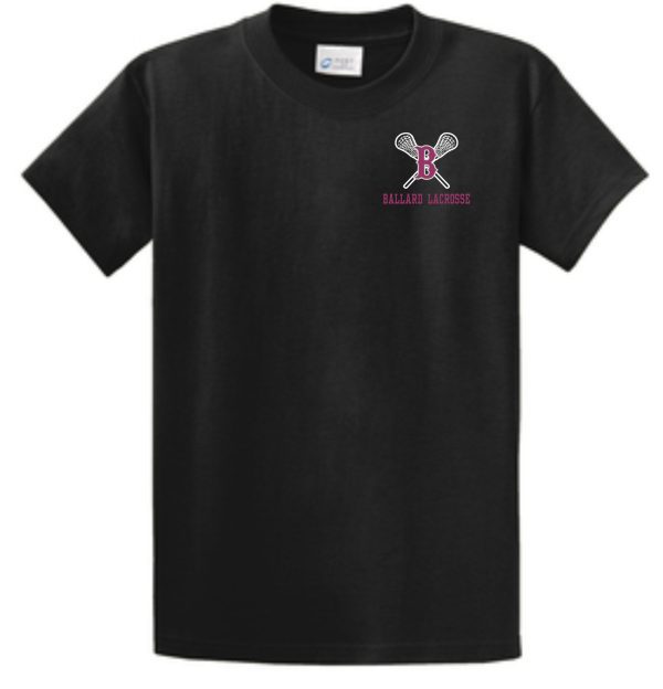 Black Ballard Lacrosse Essential tshirt PC61 featuring a stylized letter 'b' and lacrosse sticks on the chest.