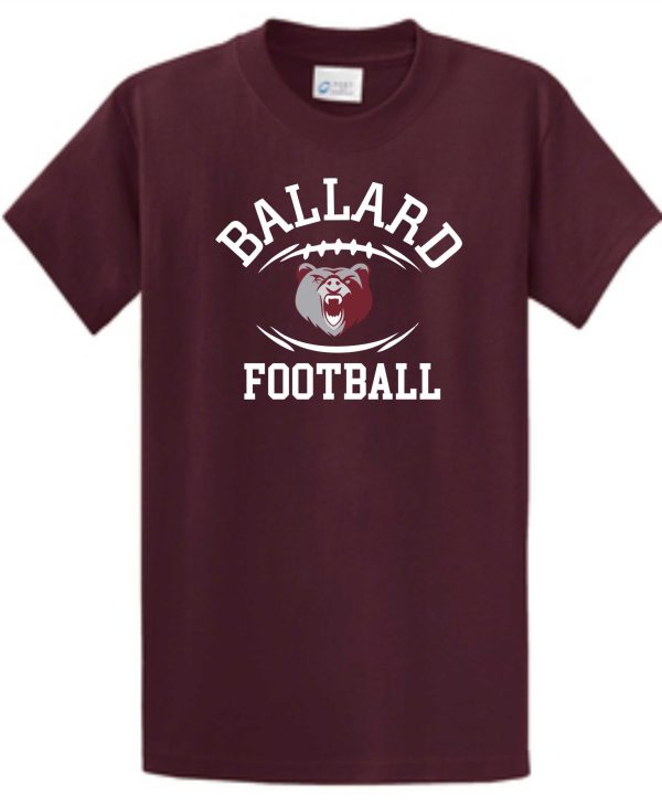 Maroon Ballard Football T-shirt PC61 featuring an angry bear face and white text on the chest.